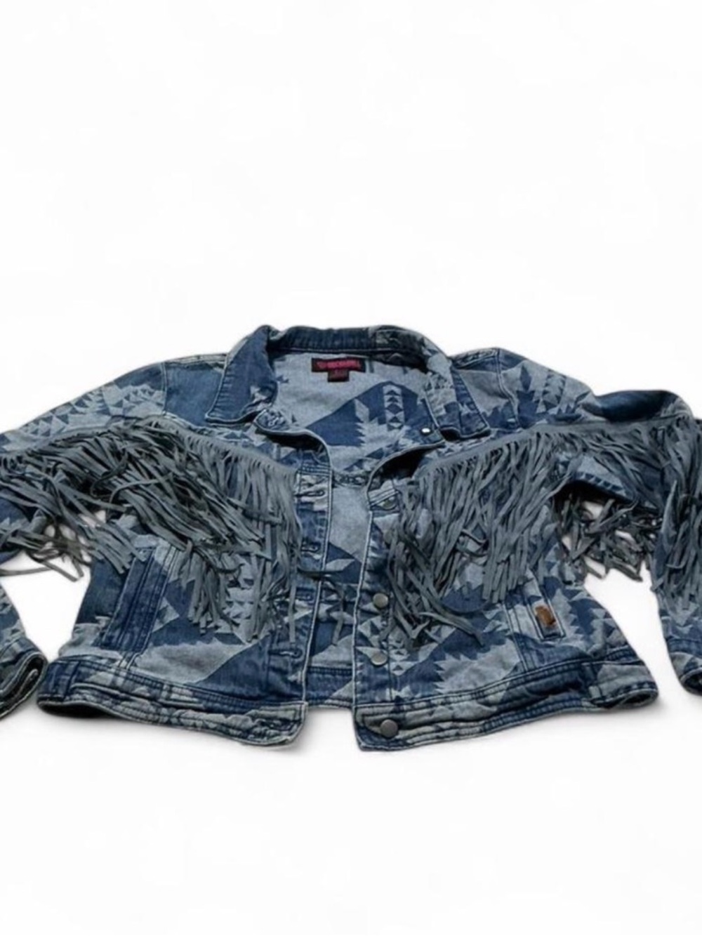 Rock & Roll Denim Aztec Western Fringe Denim Jacket Sz Large Festival Country